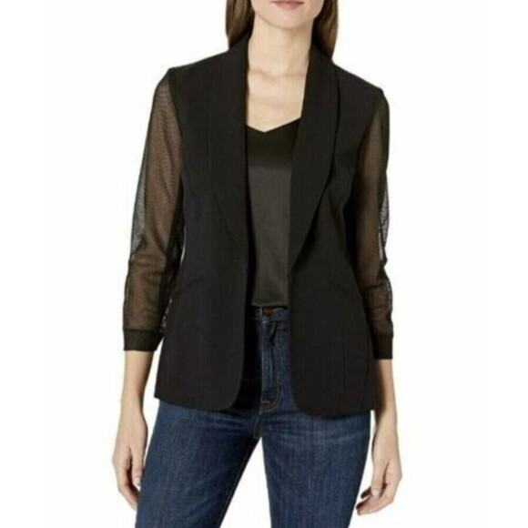 Nine West Tuxedo Blazer Mesh Sleeves Sz 4 Black Open Lined N71 - Picture 1 of 6